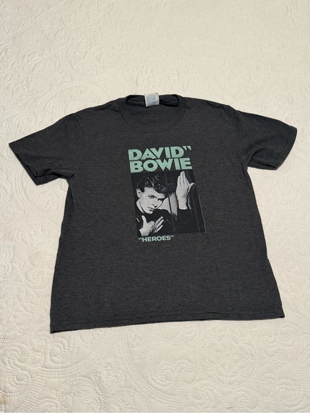 David Bowie 'Heroes' Short Sleeve Graphic Tee - Charcoal with Mint Print